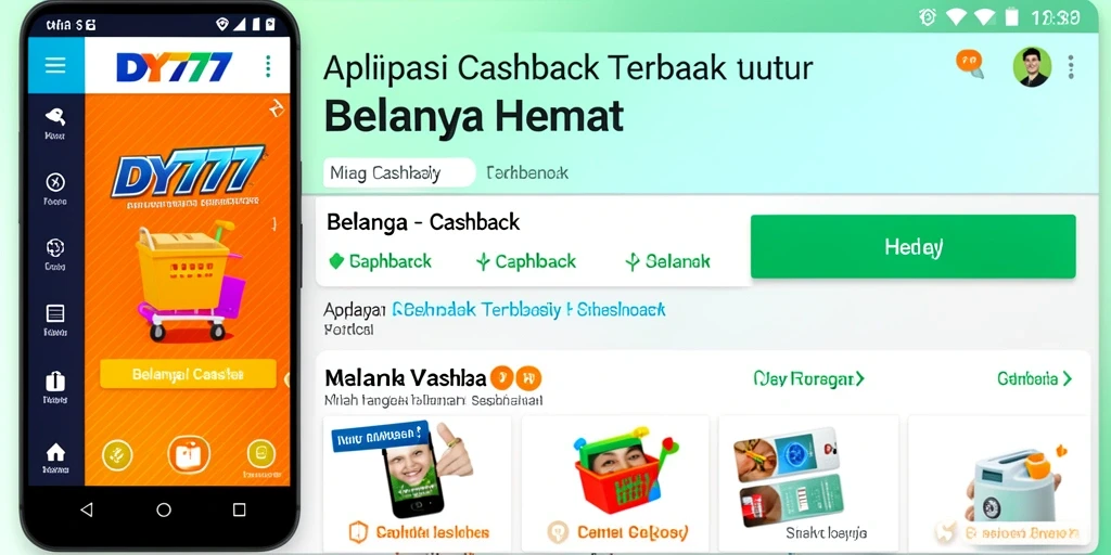 Antarmuka aplikasi DY777 menampilkan berbagai penawaran cashback menarik.