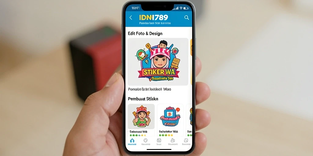 Antarmuka aplikasi IDN789 untuk membuat stiker WA yang menarik.